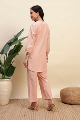 Onion Pink Cotton Flax Fabric Regular Fit V-Neck Co-Ord Set for Women
