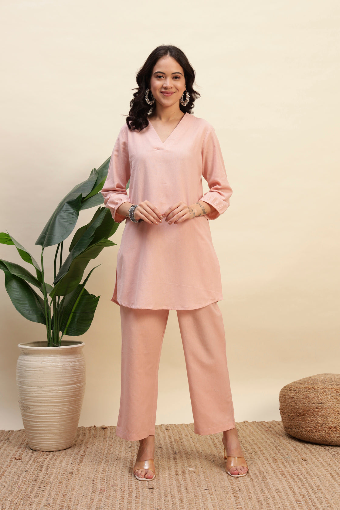 Onion Pink Cotton Flax Fabric Regular Fit V-Neck Co-Ord Set for Women