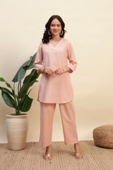 Onion Pink Cotton Flax Fabric Regular Fit V-Neck Co-Ord Set for Women