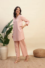 Onion Pink Cotton Flax Fabric Regular Fit V-Neck Co-Ord Set for Women