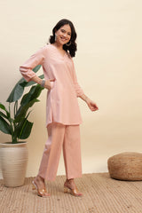 Onion Pink Cotton Flax Fabric Regular Fit V-Neck Co-Ord Set for Women