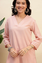 Onion Pink Cotton Flax Fabric Regular Fit V-Neck Co-Ord Set for Women