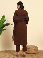Thread Plus Cotton Flax Kurti Set Of 3 With Kota Doria Dupatta Chocolate Color For Women