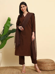 Thread Plus Cotton Flax Kurti Set Of 3 With Kota Doria Dupatta Chocolate Color For Women