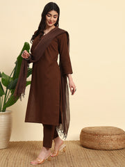 Thread Plus Cotton Flax Kurti Set Of 3 With Kota Doria Dupatta Chocolate Color For Women