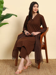 Thread Plus Cotton Flax Kurti Set Of 3 With Kota Doria Dupatta Chocolate Color For Women