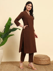 Thread Plus Cotton Flax Kurti Set Of 3 With Kota Doria Dupatta Chocolate Color For Women