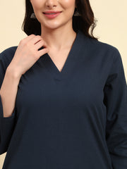 Thread Plus Cotton Flax Kurti Set Of 3 With Kota Doria Dupatta Navy Blue Color For Women