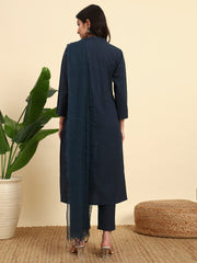 Thread Plus Cotton Flax Kurti Set Of 3 With Kota Doria Dupatta Navy Blue Color For Women