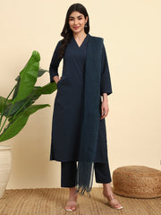 Thread Plus Cotton Flax Kurti Set Of 3 With Kota Doria Dupatta Navy Blue Color For Women