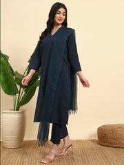 Thread Plus Cotton Flax Kurti Set Of 3 With Kota Doria Dupatta Navy Blue Color For Women