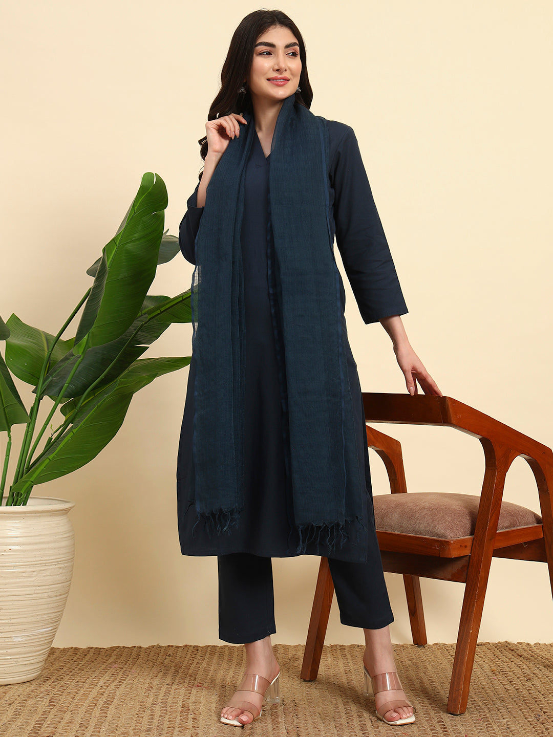 Thread Plus Cotton Flax Kurti Set Of 3 With Kota Doria Dupatta Navy Blue Color For Women