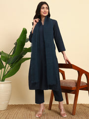 Thread Plus Cotton Flax Kurti Set Of 3 With Kota Doria Dupatta Navy Blue Color For Women