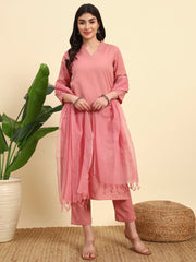 Thread Plus Cotton Flax Kurti Set Of 3 With Kota Doria Dupatta Onion Pink Color For Women