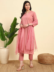 Thread Plus Cotton Flax Kurti Set Of 3 With Kota Doria Dupatta Onion Pink Color For Women
