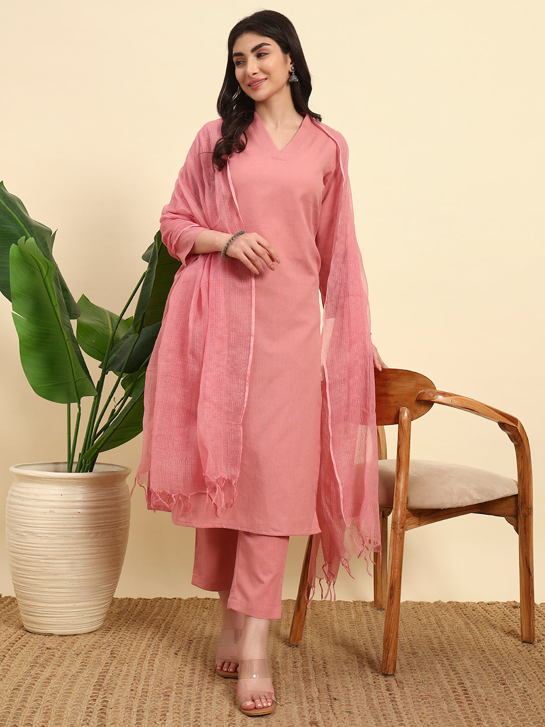 Thread Plus Cotton Flax Kurti Set Of 3 With Kota Doria Dupatta Onion Pink Color For Women