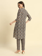 Women's Cambric Cotton With Dark Brown Paisley Print Straight Kurti & Pant Set