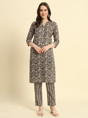 Women's Cambric Cotton With Dark Brown Paisley Print Straight Kurti & Pant Set