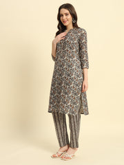 Women's Cambric Cotton With Dark Brown Paisley Print Straight Kurti & Pant Set