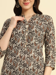 Women's Cambric Cotton With Dark Brown Paisley Print Straight Kurti & Pant Set