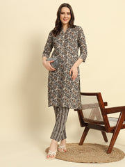 Women's Cambric Cotton With Dark Brown Paisley Print Straight Kurti & Pant Set