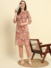 Women's Cambric Cotton With Maroon Floral Print Straight Kurta & Pant Set