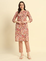 Women's Cambric Cotton With Maroon Floral Print Straight Kurta & Pant Set