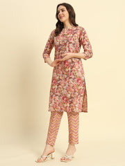 Women's Cambric Cotton With Maroon Floral Print Straight Kurta & Pant Set