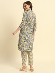 Women's Cambric Cotton With Steel Blue Floral Print Straight Kurta & Pant Set