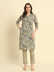 Women's Cambric Cotton With Steel Blue Floral Print Straight Kurta & Pant Set