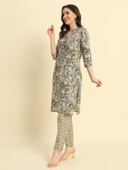 Women's Cambric Cotton With Steel Blue Floral Print Straight Kurta & Pant Set