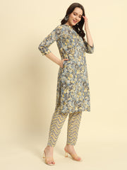 Women's Cambric Cotton With Steel Blue Floral Print Straight Kurta & Pant Set