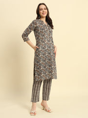 Women's Cambric Cotton With Dark Brown Paisley Print Straight Kurti & Pant Set