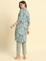 Women's Cambric Cotton With Teal Blue Floral Print Straight Kurta & Pant Set