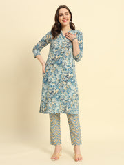 Women's Cambric Cotton With Teal Blue Floral Print Straight Kurta & Pant Set