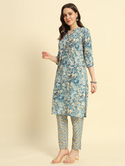 Women's Cambric Cotton With Teal Blue Floral Print Straight Kurta & Pant Set