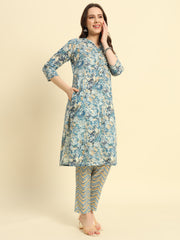 Women's Cambric Cotton With Teal Blue Floral Print Straight Kurta & Pant Set