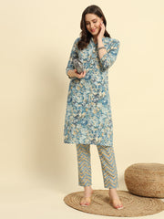 Women's Cambric Cotton With Teal Blue Floral Print Straight Kurta & Pant Set