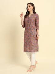 Women's Cambric Cotton Straight Pocket Kurtis with Bottle Green Discharge Print