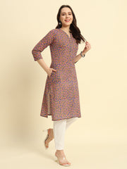 Women's Cambric Cotton Straight Pocket Kurtis with Bottle Green Discharge Print