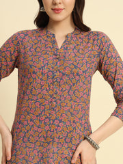 Women's Cambric Cotton Straight Pocket Kurtis with Bottle Green Discharge Print