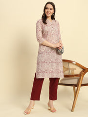 Women's Cambric Cotton Straight Pocket Kurtis with Maroon Rapid Print