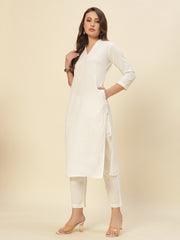 Thread Plus Cotton Flax Set Straight Kurti With Pant In Off White Color For Women