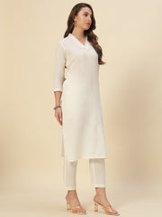 Thread Plus Cotton Flax Set Straight Kurti With Pant In Off White Color For Women