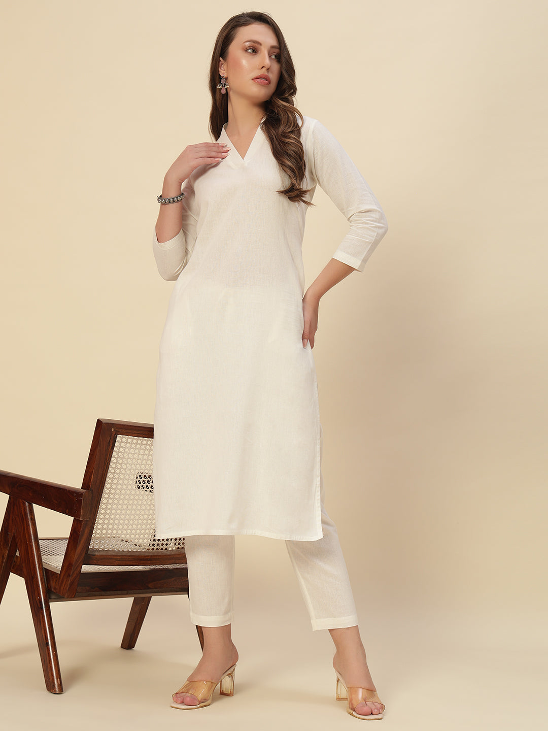 Thread Plus Cotton Flax Set Straight Kurti With Pant In Off White Color For Women