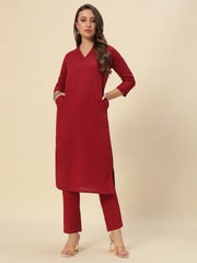 Thread Plus Cotton Flax Set Straight Kurti With Pant In Maroon Color For Women