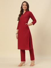 Thread Plus Cotton Flax Set Straight Kurti With Pant In Maroon Color For Women