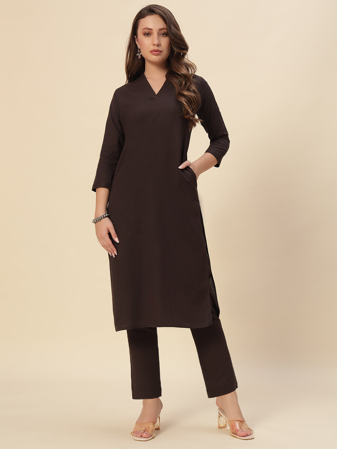 Thread Plus Cotton Flax Set Straight Kurti With Pant In Charcoal Color For Women