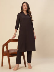 Thread Plus Cotton Flax Set Straight Kurti With Pant In Charcoal Color For Women