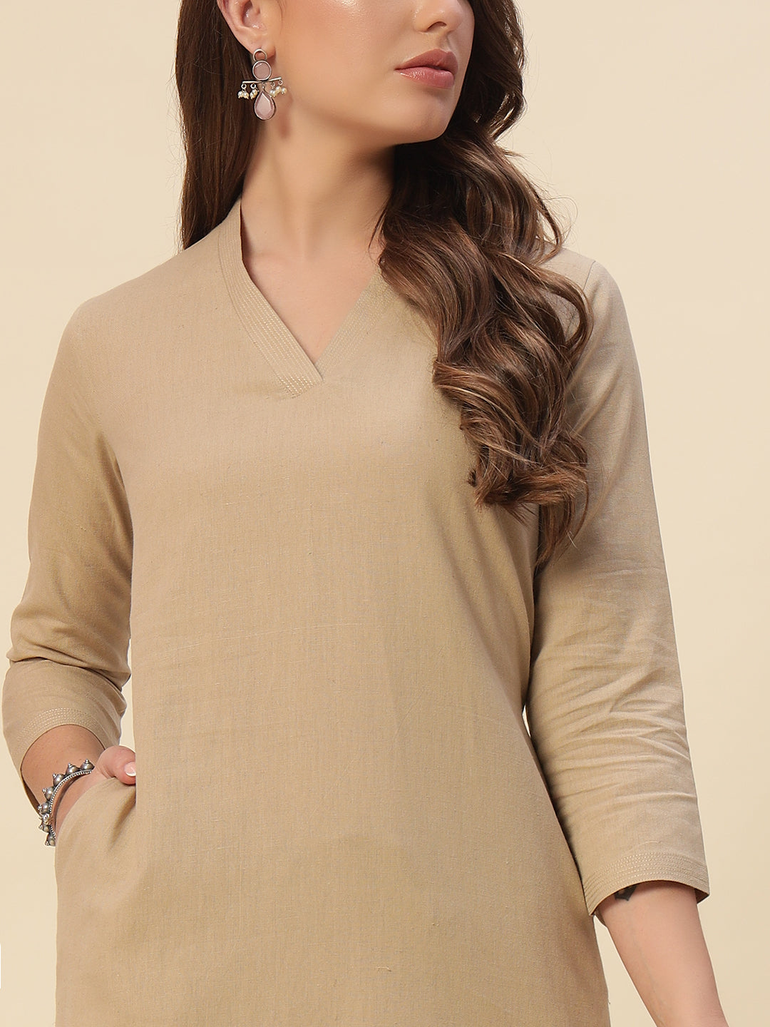 Thread Plus Cotton Flax Set Straight Kurti With Pant In Beige Color For Women